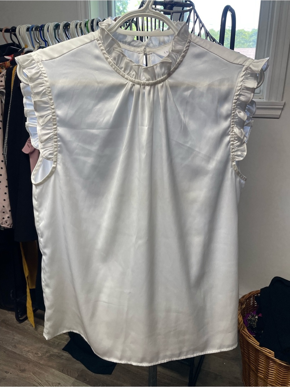 Women's White Satin Ruffle Sleeve High-Neck Blouse